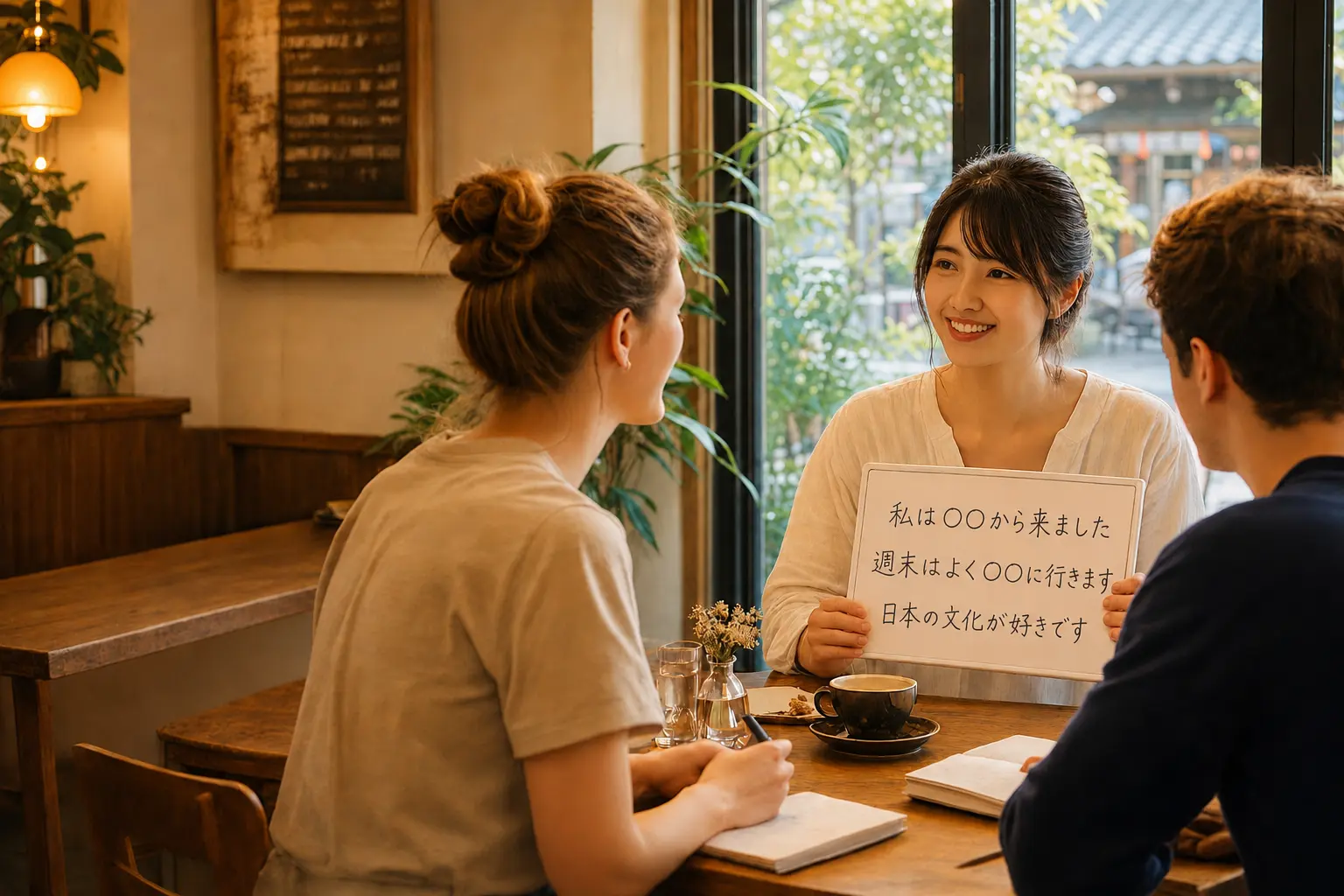 A Japanese teacher holding phrase cards in a café lesson with two travelers