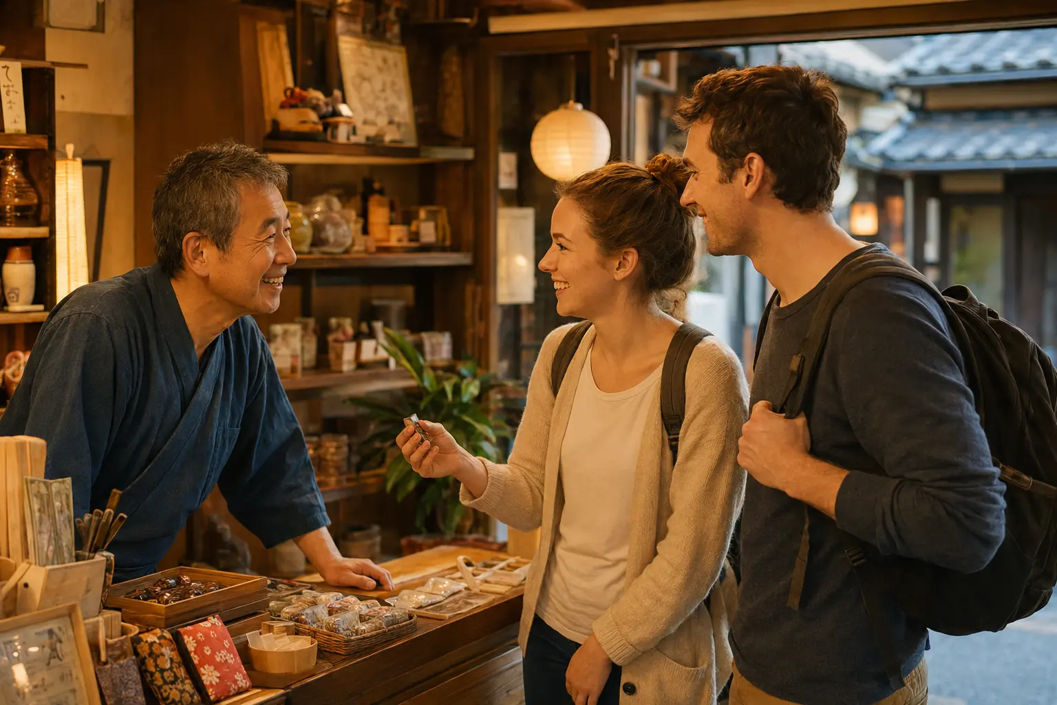 Two travelers chatting with a local shopkeeper in a traditional Japanese store