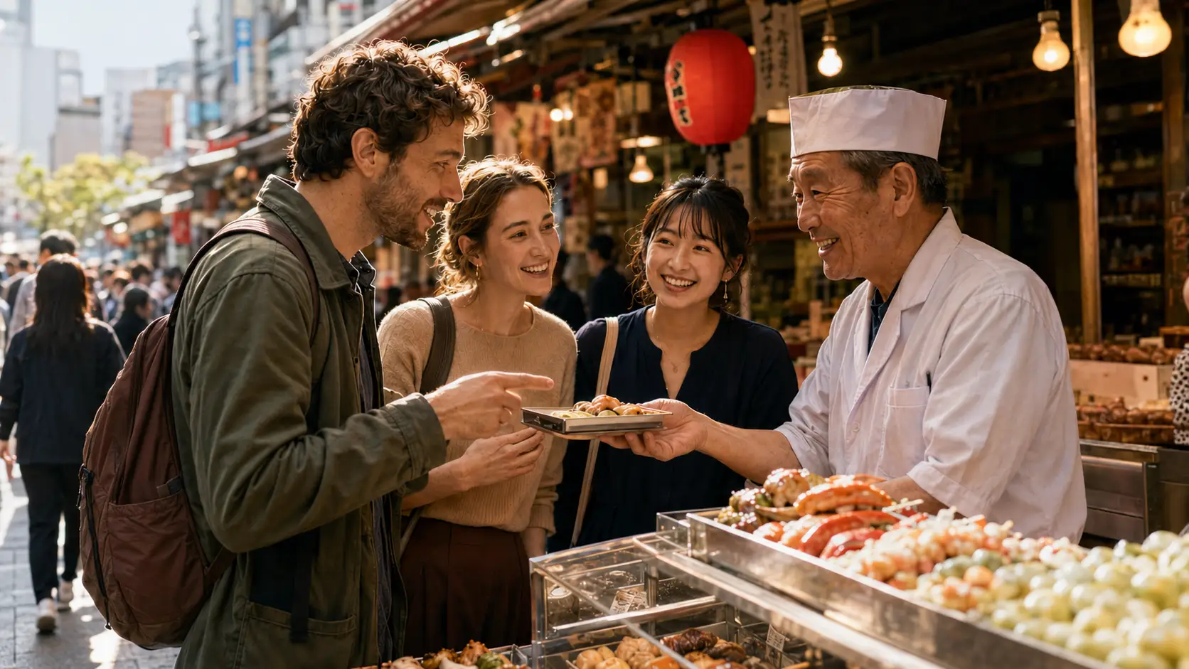 Travelers practicing Japanese at a Tokyo market