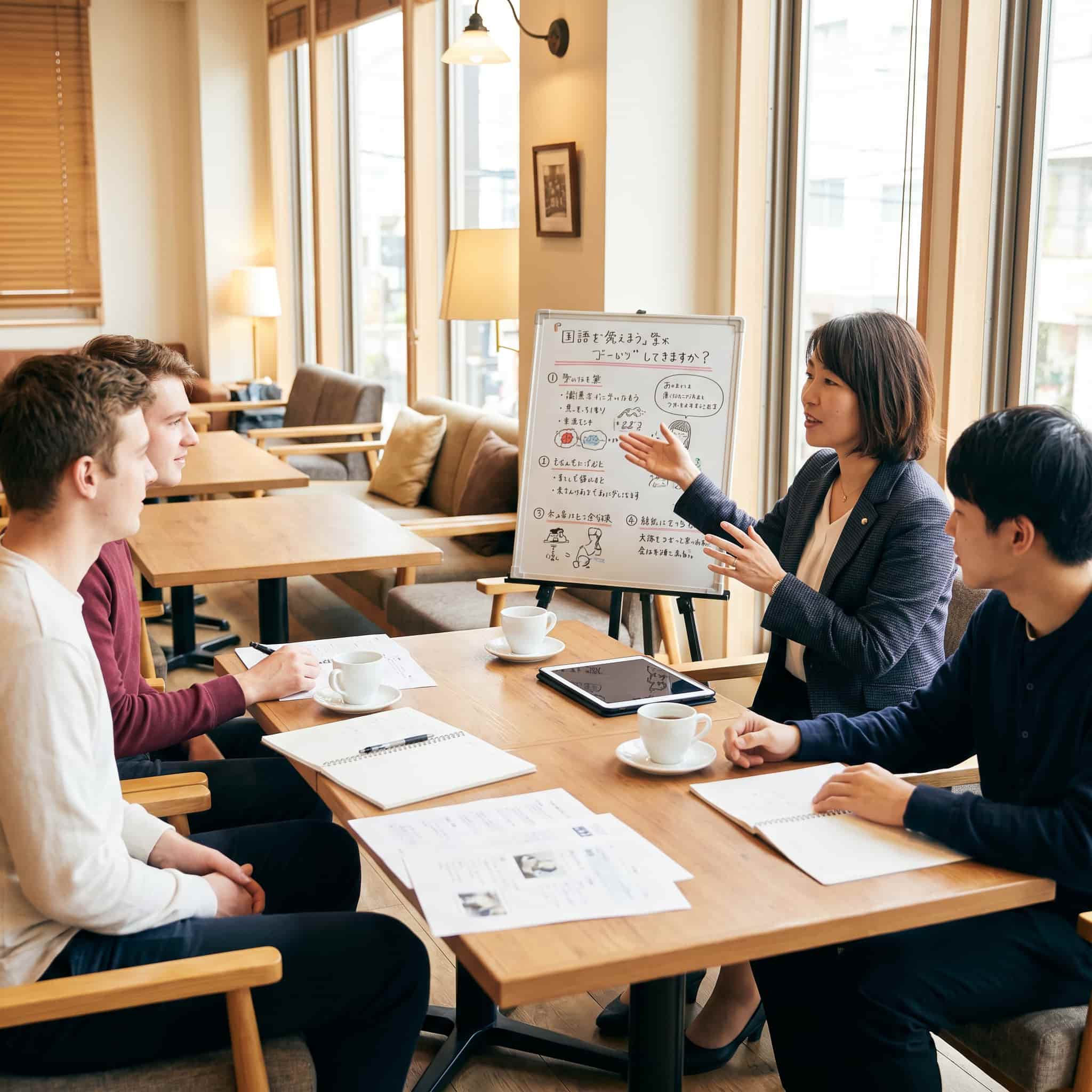 Students and teacher in a cozy Tokyo cafe lesson