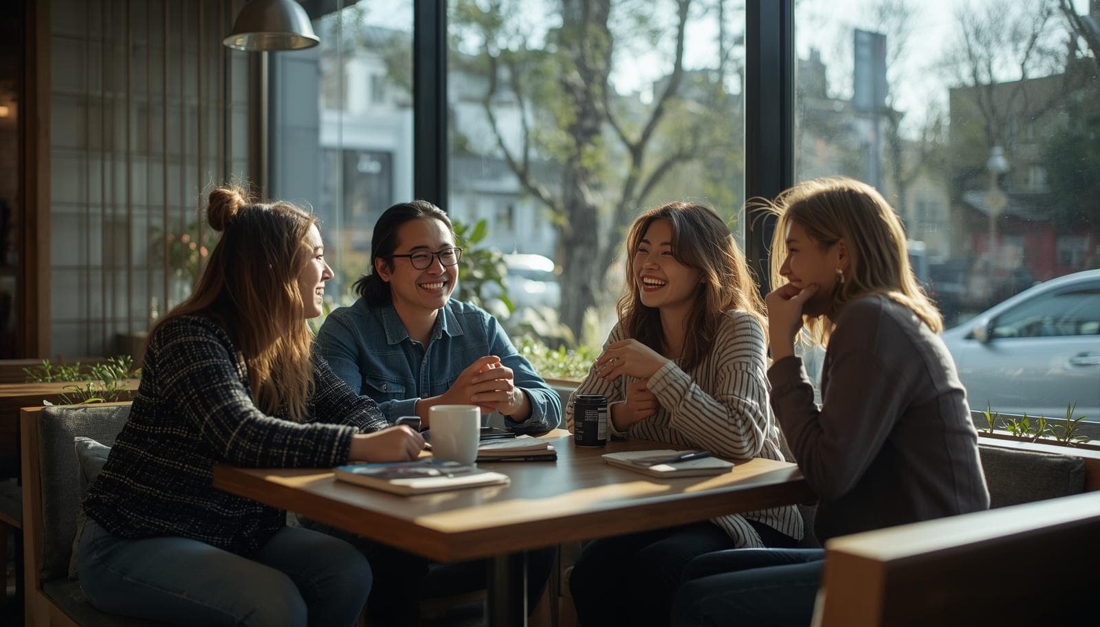 Students and teacher in a cozy Tokyo cafe lesson