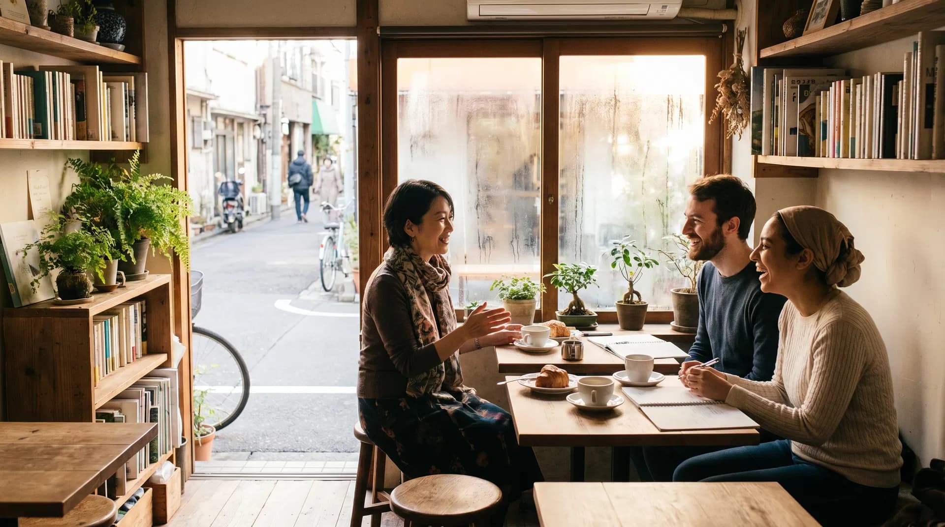 Japanese teacher and students in a Tokyo cafe lesson
