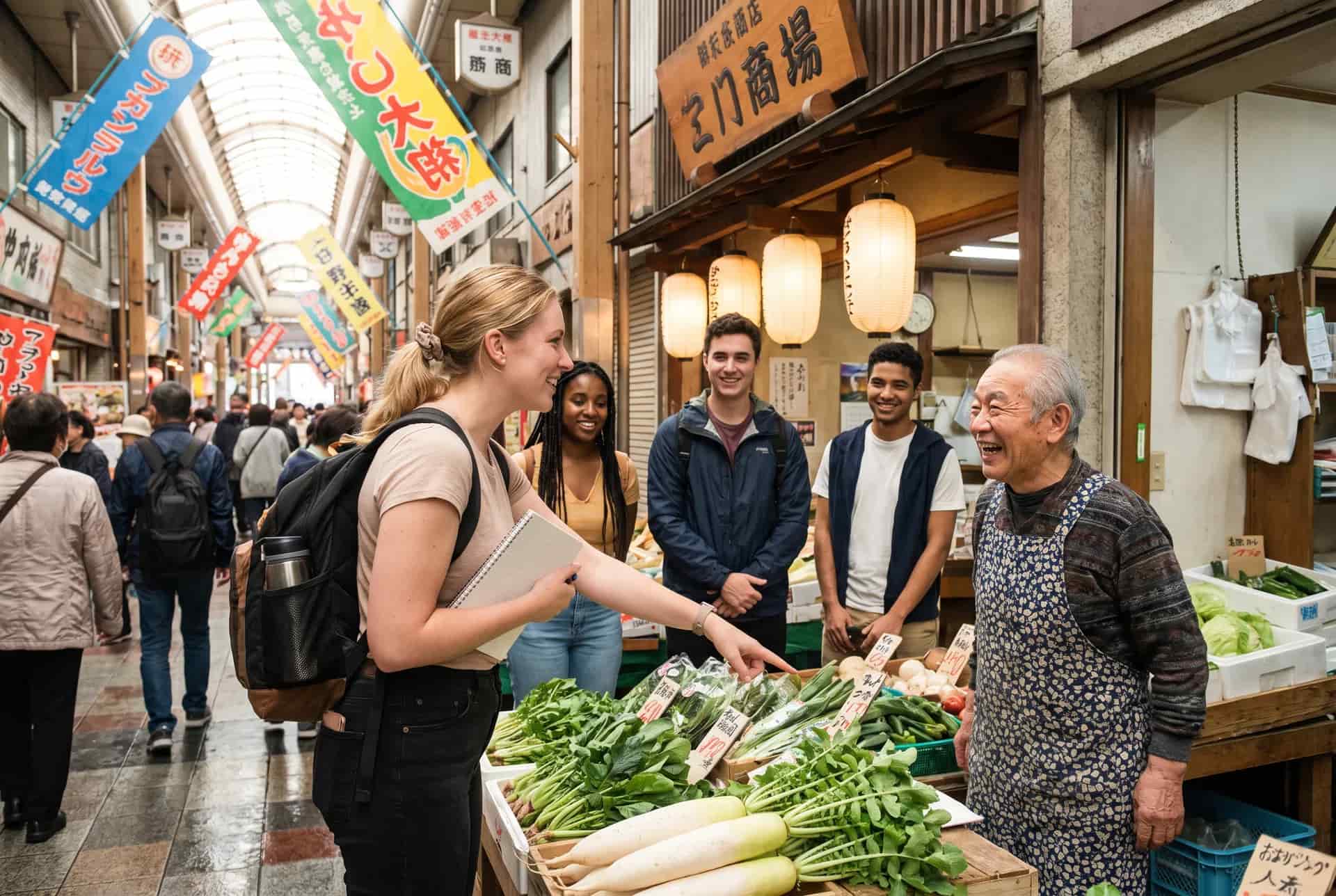 Language students practicing Japanese at a local market