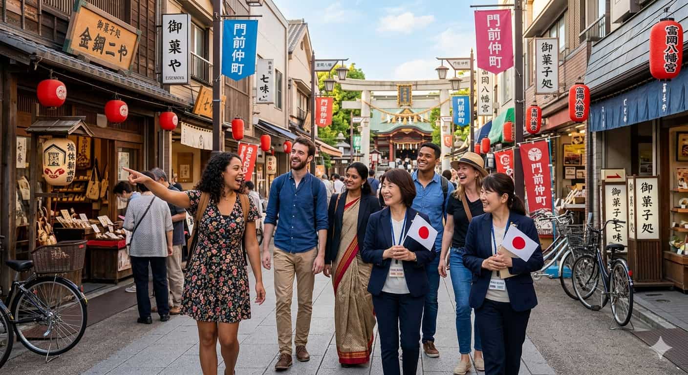 Travelers from all over the world exploring Monzen-Nakacho