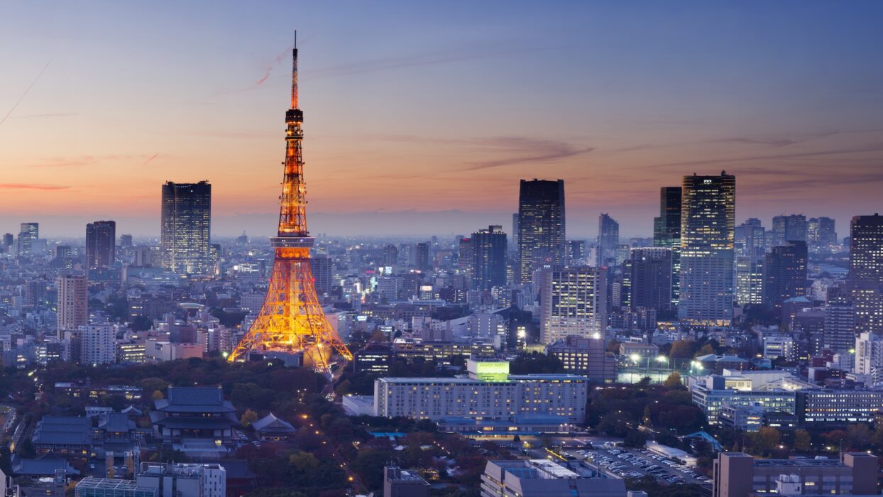 Aerial view of Tokyo at sunset with Tokyo Tower