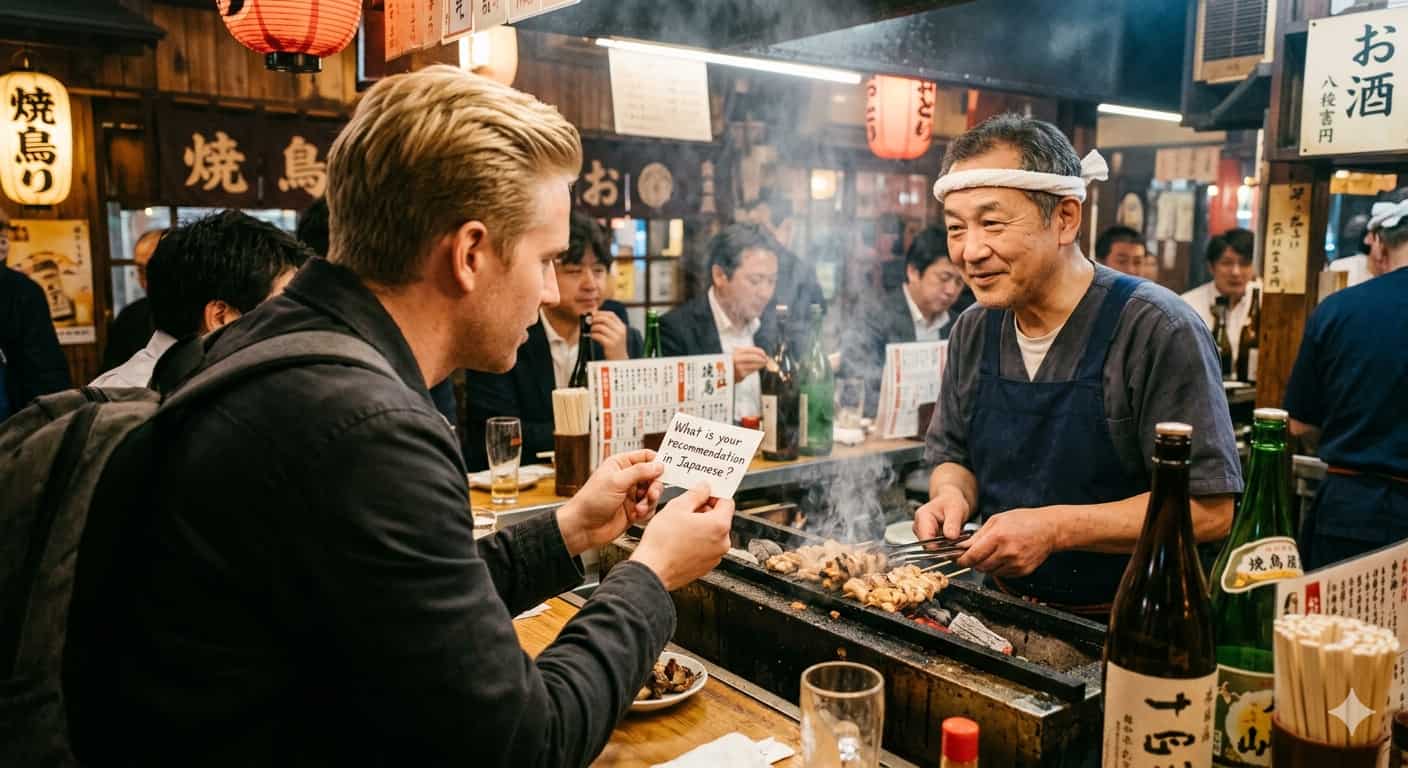 Travelers laughing and practicing Japanese at a local izakaya in Shinjuku