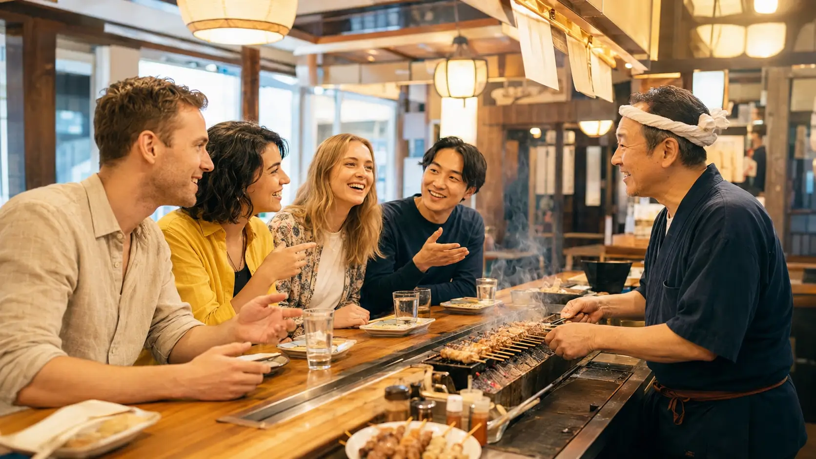 Travelers laughing and practicing Japanese at a local izakaya in Shinjuku