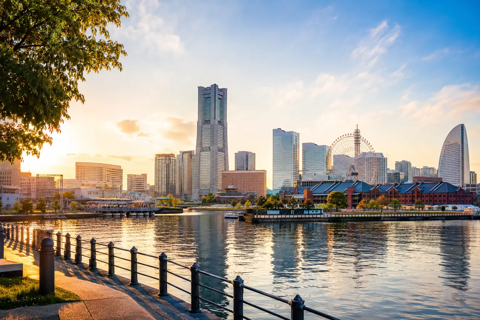 Yokohama Minato Mirai skyline at dusk over the water
